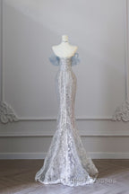 Pretty Mermaid Off The Shoulder Sequin Blue Prom Dress Long Prom Gowns