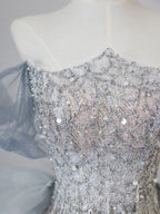 Pretty Mermaid Off The Shoulder Sequin Blue Prom Dress Long Prom Gowns