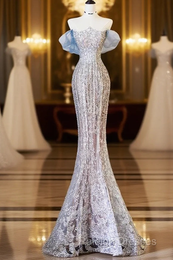 Pretty Mermaid Off The Shoulder Sequin Blue Long Prom Dresses Evening Gowns
