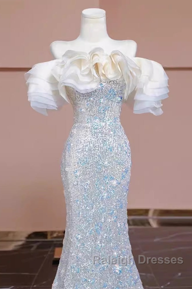 Pretty Mermaid Off The Shoulder Sequin Long Prom Dresses