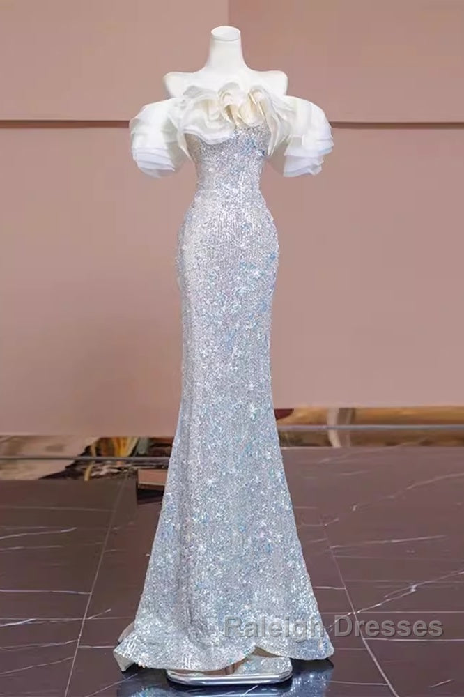 Pretty Mermaid Off The Shoulder Sequin Long Prom Dresses