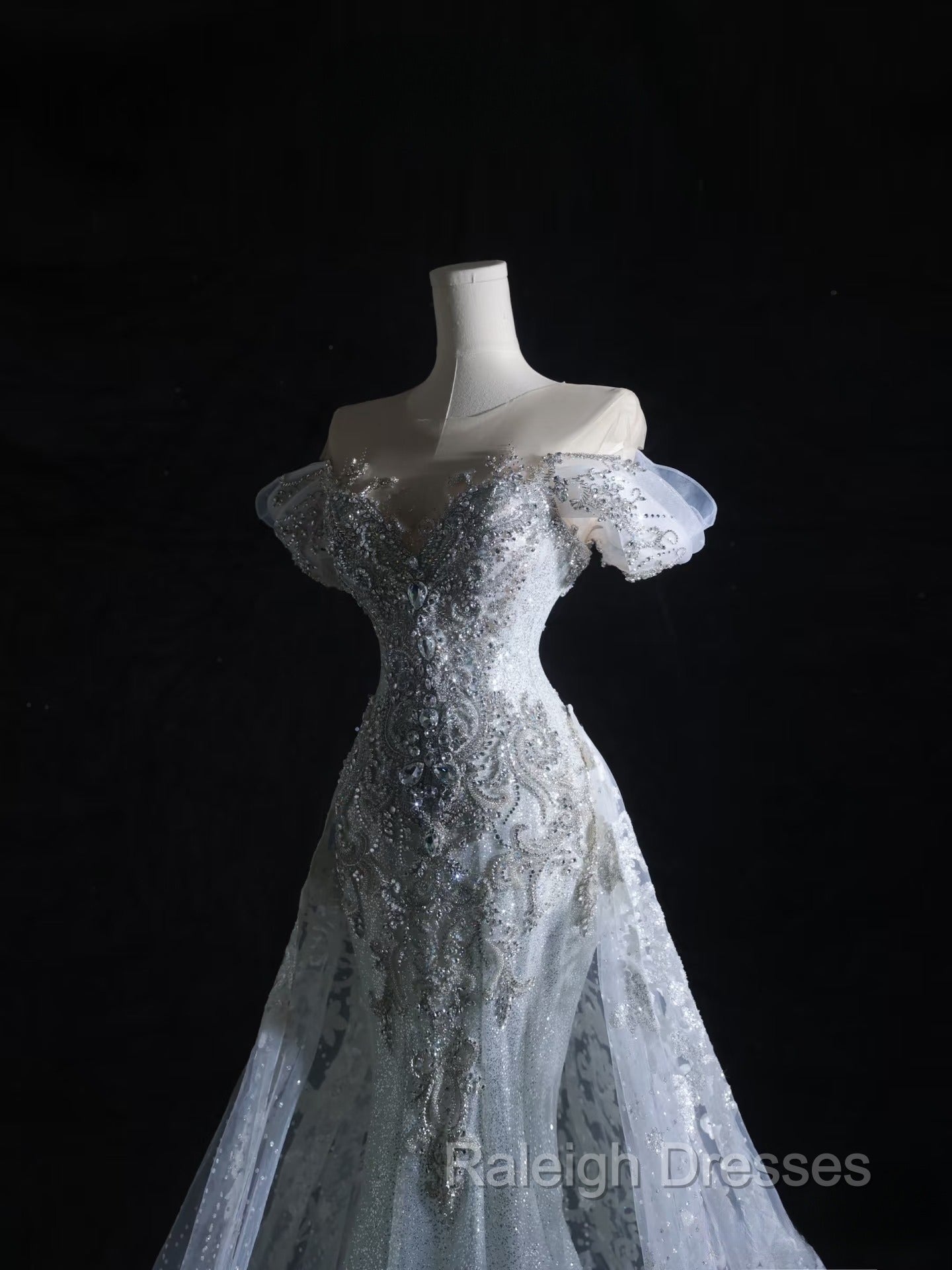 Pretty Mermaid Off The Shoulder Silver Beads Long Prom Dresses Formal Evening Dress