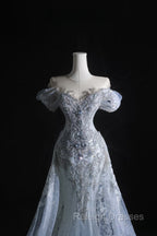 Pretty Mermaid Off The Shoulder Silver Beads Long Prom Dresses Formal Evening Dress