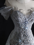 Pretty Mermaid Off The Shoulder Silver Beads Long Prom Dresses Formal Evening Dress