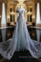 Pretty Mermaid Off The Shoulder Silver Beads Long Prom Dresses Formal Evening Dress