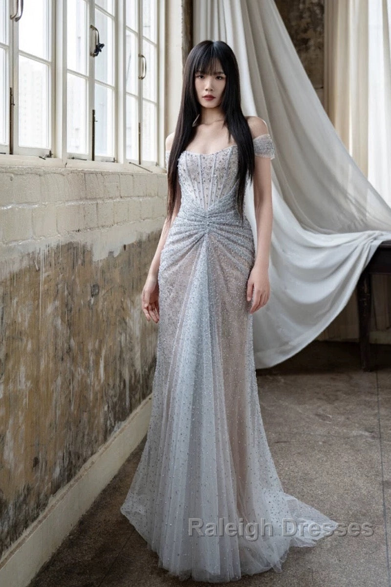 Pretty Mermaid Off The Shoulder Silver Sequin Prom Dresses
