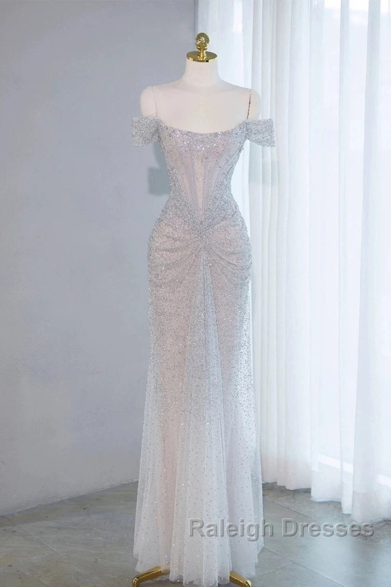 Pretty Mermaid Off The Shoulder Silver Sequin Prom Dresses