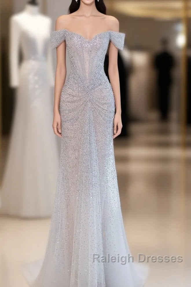Pretty Mermaid Off The Shoulder Silver Sequin Prom Dresses