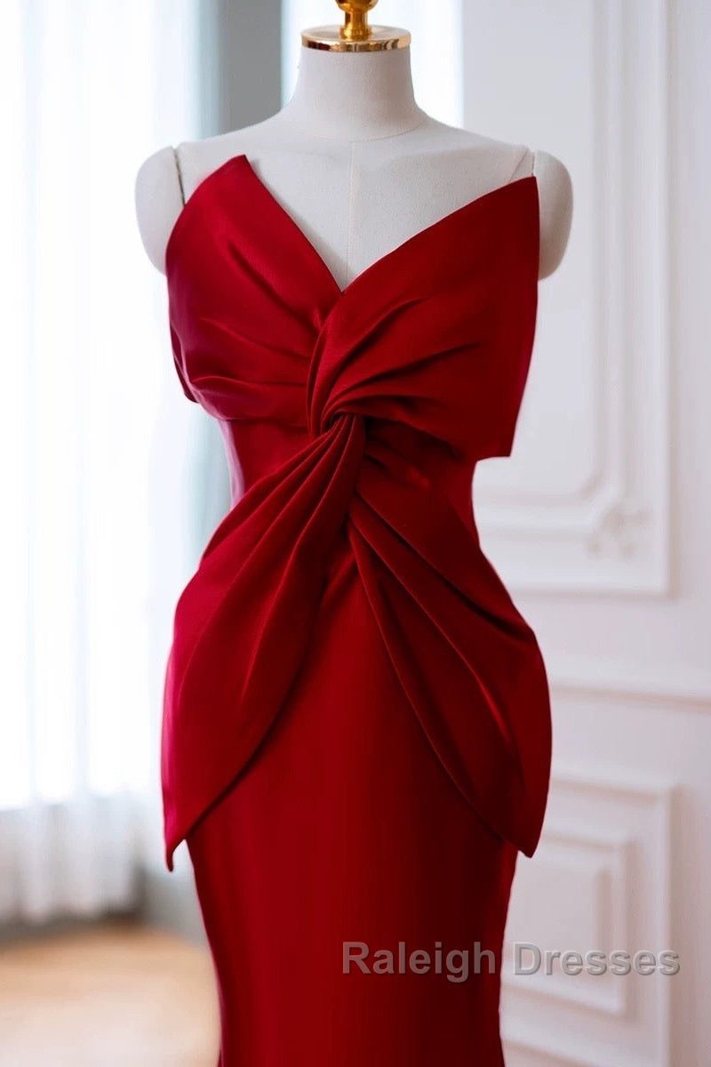 Pretty Mermaid One Shoulder Red Satin Long Prom Dresses Secondary image