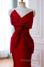 Pretty Mermaid One Shoulder Red Satin Long Prom Dresses