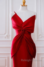 Pretty Mermaid One Shoulder Red Satin Long Prom Dresses