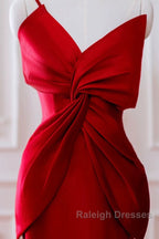 Pretty Mermaid One Shoulder Red Satin Long Prom Dresses