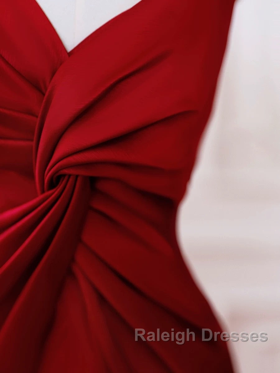 Pretty Mermaid One Shoulder Red Satin Long Prom Dresses