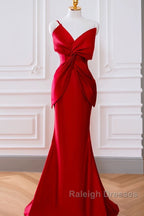 Pretty Mermaid One Shoulder Red Satin Long Prom Dresses