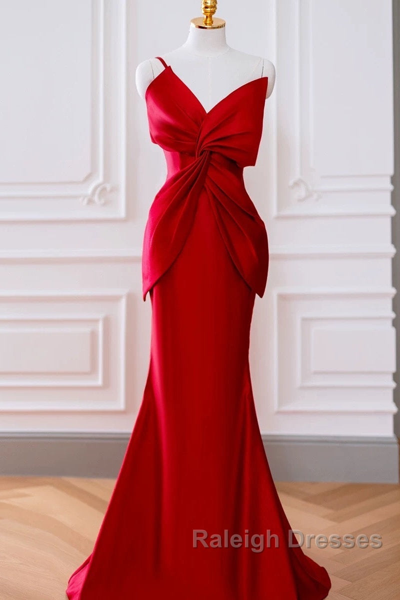 Pretty Mermaid One Shoulder Red Satin Long Prom Dresses