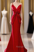 Pretty Mermaid One Shoulder Red Satin Long Evening Dress Prom Dresses