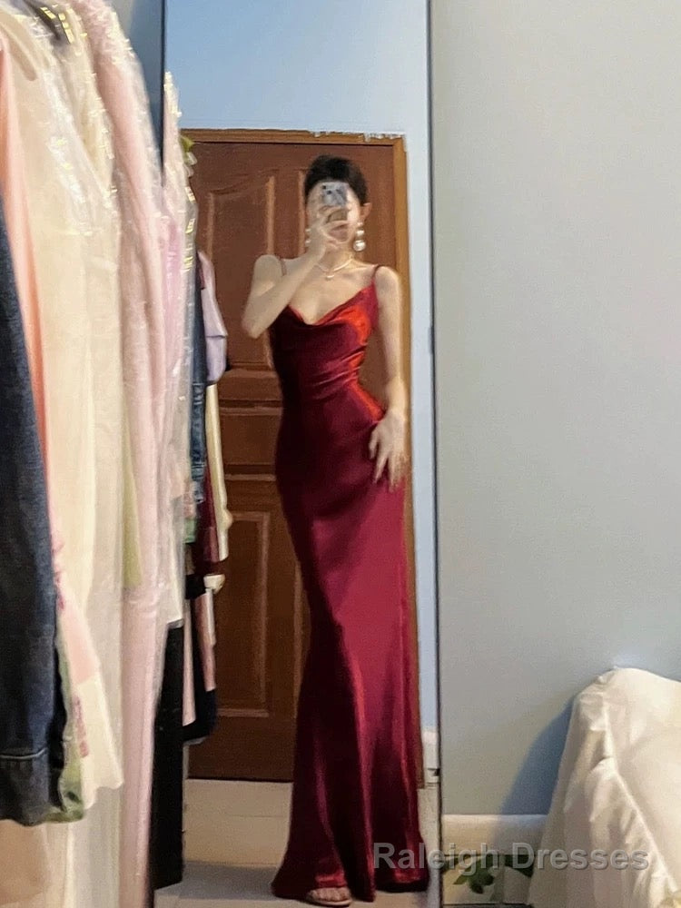 Pretty Mermaid Spaghetti Straps Burgundy Satin Long Floor Length Prom Dresses Secondary image