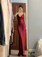 Pretty Mermaid Spaghetti Straps Burgundy Satin Long Floor Length Prom Dresses