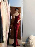 Pretty Mermaid Spaghetti Straps Burgundy Satin Long Floor Length Prom Dresses