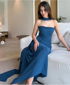 Pretty Mermaid Spaghetti Straps Floor Length Navy Blue Prom Dresses Prom Dresses Prom Dresses With Ribbon