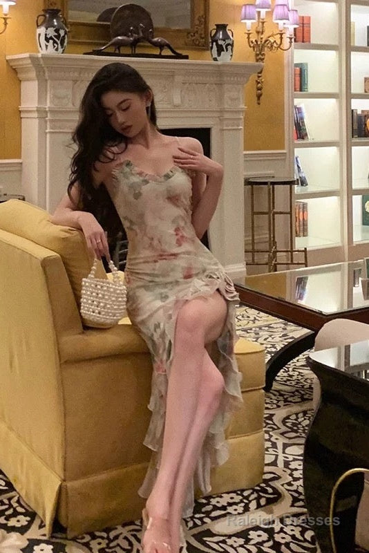 Pretty Mermaid Spaghetti Straps Pink Floral Date Night Dresses Prom Dress Birthday Prom Outfit