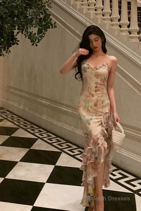 Pretty Mermaid Spaghetti Straps Pink Floral Date Night Dresses Prom Dress Birthday Prom Outfit
