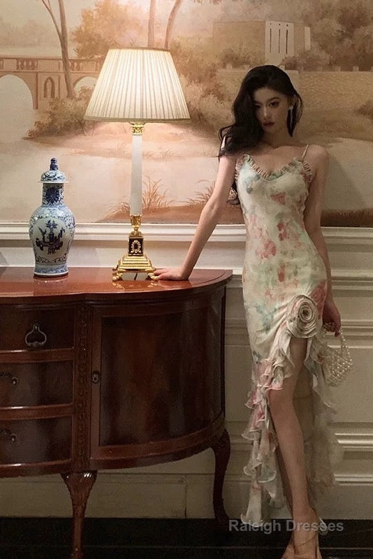 Pretty Mermaid Spaghetti Straps Pink Floral Date Night Dress Prom Dresses Birthday Party Outfit