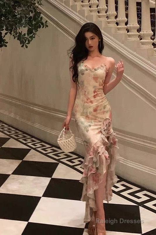 Pretty Mermaid Spaghetti Straps Pink Floral Date Night Dresses Prom Dress Birthday Prom Outfit