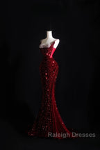 Pretty Mermaid Spaghetti Straps Sequin Beads Burgundy Long Prom Dresses Formal Evening Dress
