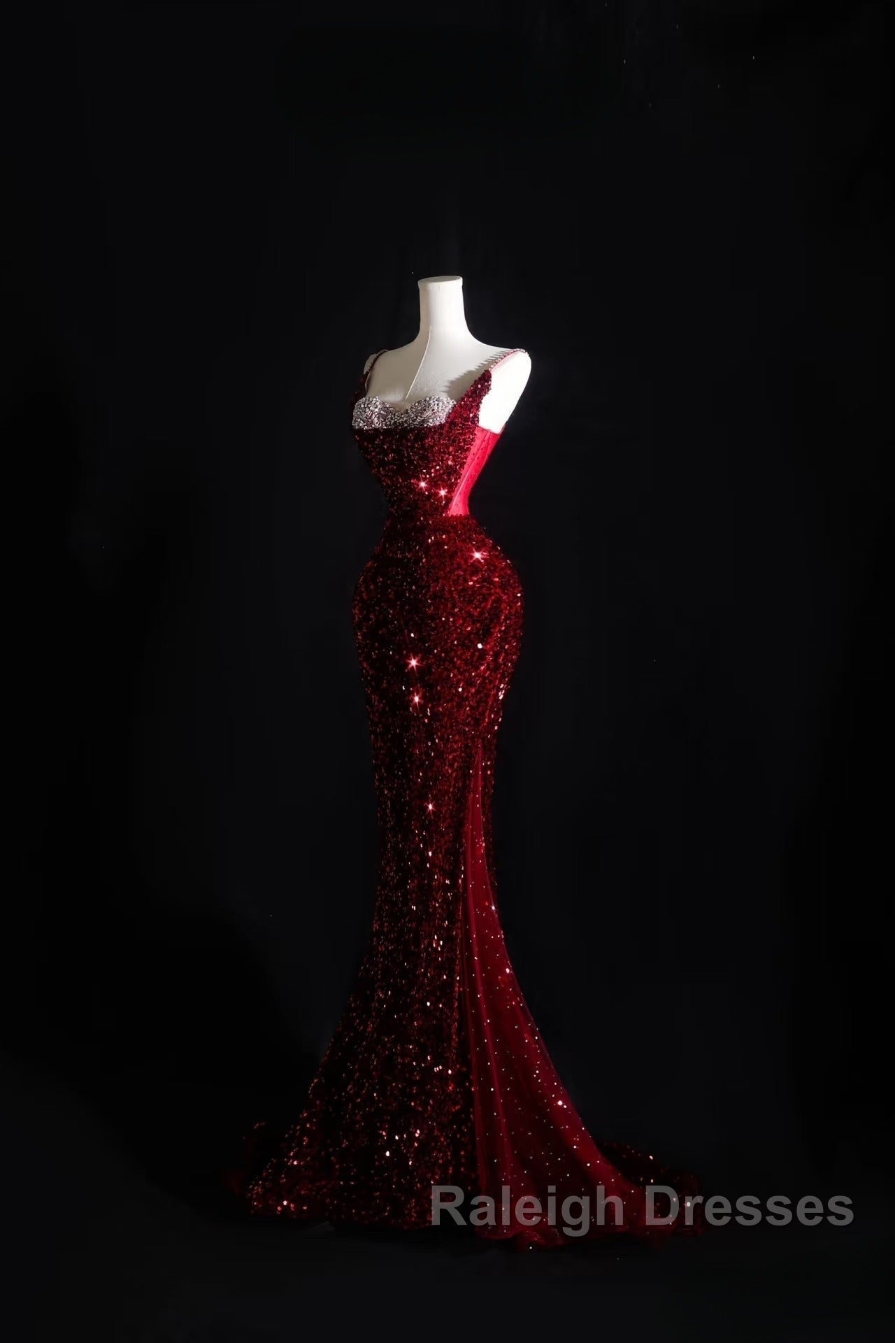 Pretty Mermaid Spaghetti Straps Sequin Beads Burgundy Prom Dress Long Prom Dresses Secondary image