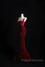 Pretty Mermaid Spaghetti Straps Sequin Beads Burgundy Prom Dress Long Prom Dresses