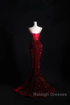 Pretty Mermaid Spaghetti Straps Sequin Beads Burgundy Long Prom Dresses Formal Evening Dress