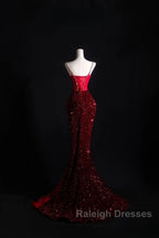 Pretty Mermaid Spaghetti Straps Sequin Beads Burgundy Prom Dress Long Prom Dresses