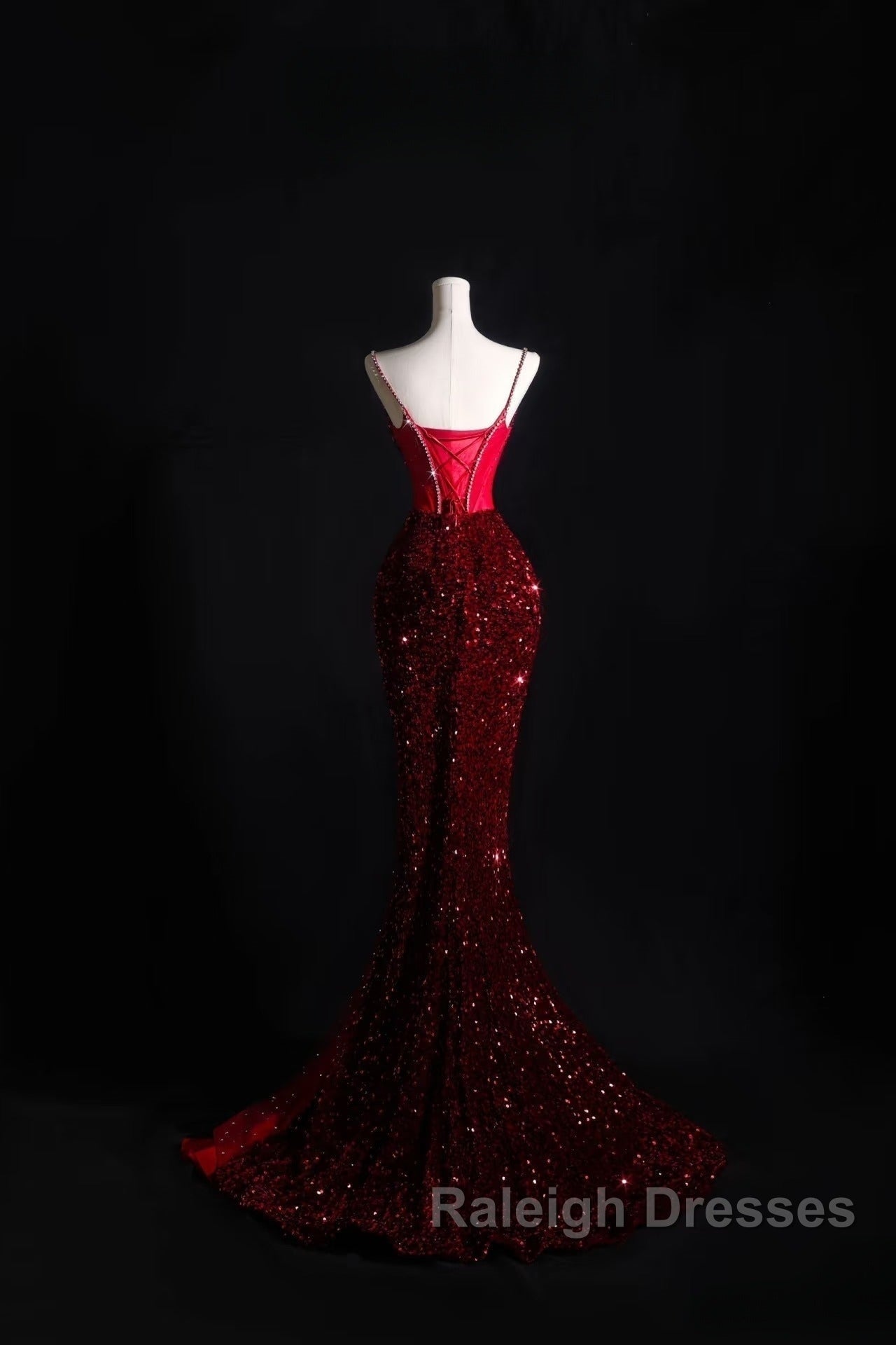 Pretty Mermaid Spaghetti Straps Sequin Beads Burgundy Prom Dress Long Prom Dresses