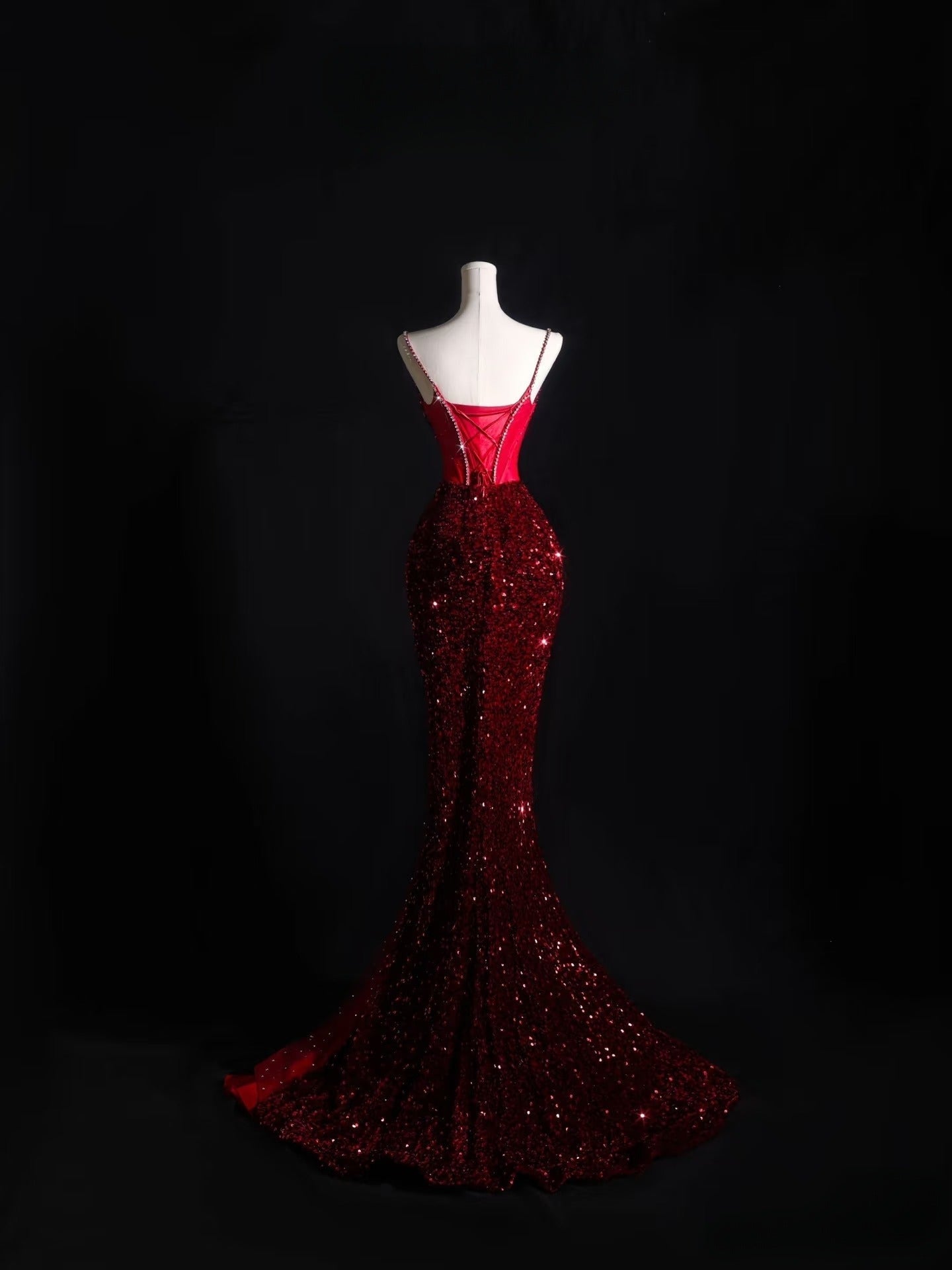 Pretty Mermaid Spaghetti Straps Sequin Beads Burgundy Prom Dress Long Prom Dresses