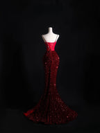 Pretty Mermaid Spaghetti Straps Sequin Beads Burgundy Long Prom Dresses Formal Evening Dress