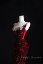 Pretty Mermaid Spaghetti Straps Sequin Beads Burgundy Prom Dress Long Prom Dresses