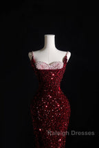 Pretty Mermaid Spaghetti Straps Sequin Beads Burgundy Long Prom Dresses Formal Evening Dress