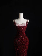 Pretty Mermaid Spaghetti Straps Sequin Beads Burgundy Long Prom Dresses Formal Evening Dress