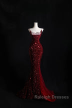 Pretty Mermaid Spaghetti Straps Sequin Beads Burgundy Long Prom Dresses Formal Evening Dress