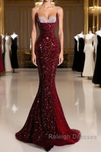 Pretty Mermaid Spaghetti Straps Sequin Beads Burgundy Long Prom Dresses Formal Evening Dress
