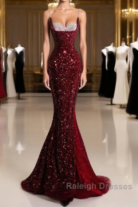 Pretty Mermaid Spaghetti Straps Sequin Beads Burgundy Prom Dress Long Prom Dresses Main image