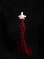 Pretty Mermaid Spaghetti Straps Sequin Beads Burgundy Long Prom Dresses Formal Evening Dress