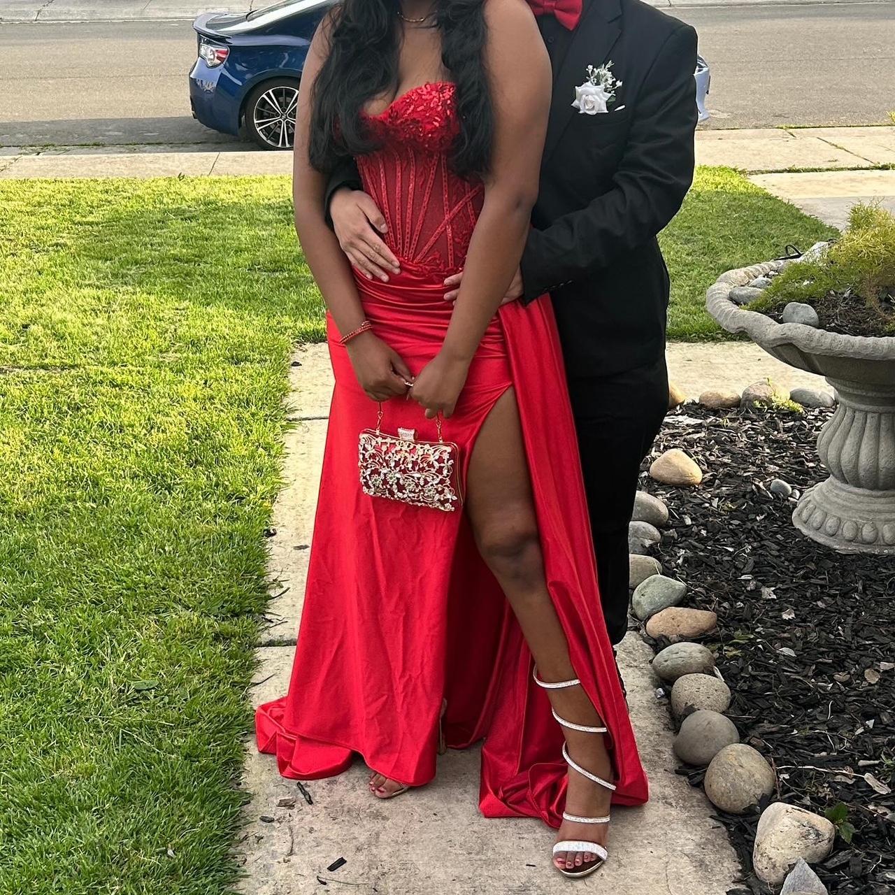 Pretty Mermaid Spaghetti Straps Slit Red Satin Prom Dress Long Prom Dresses Secondary image