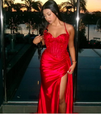 Pretty Mermaid Spaghetti Straps Slit Red Satin Prom Dress Long Prom Dresses