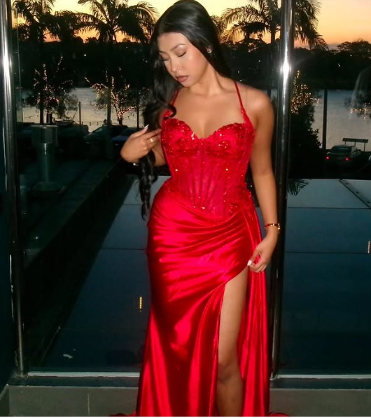 Pretty Mermaid Spaghetti Straps Slit Red Satin Prom Dress Long Prom Dresses