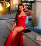 Pretty Mermaid Spaghetti Straps Slit Red Satin Prom Dress Long Prom Dresses