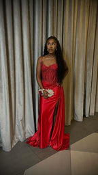 Pretty Mermaid Spaghetti Straps Slit Red Satin Prom Dress Long Prom Dresses