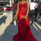 Pretty Mermaid Spaghetti Straps Slit Red Satin Prom Dress Long Prom Dresses