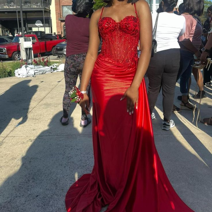 Pretty Mermaid Spaghetti Straps Slit Red Satin Prom Dress Long Prom Dresses